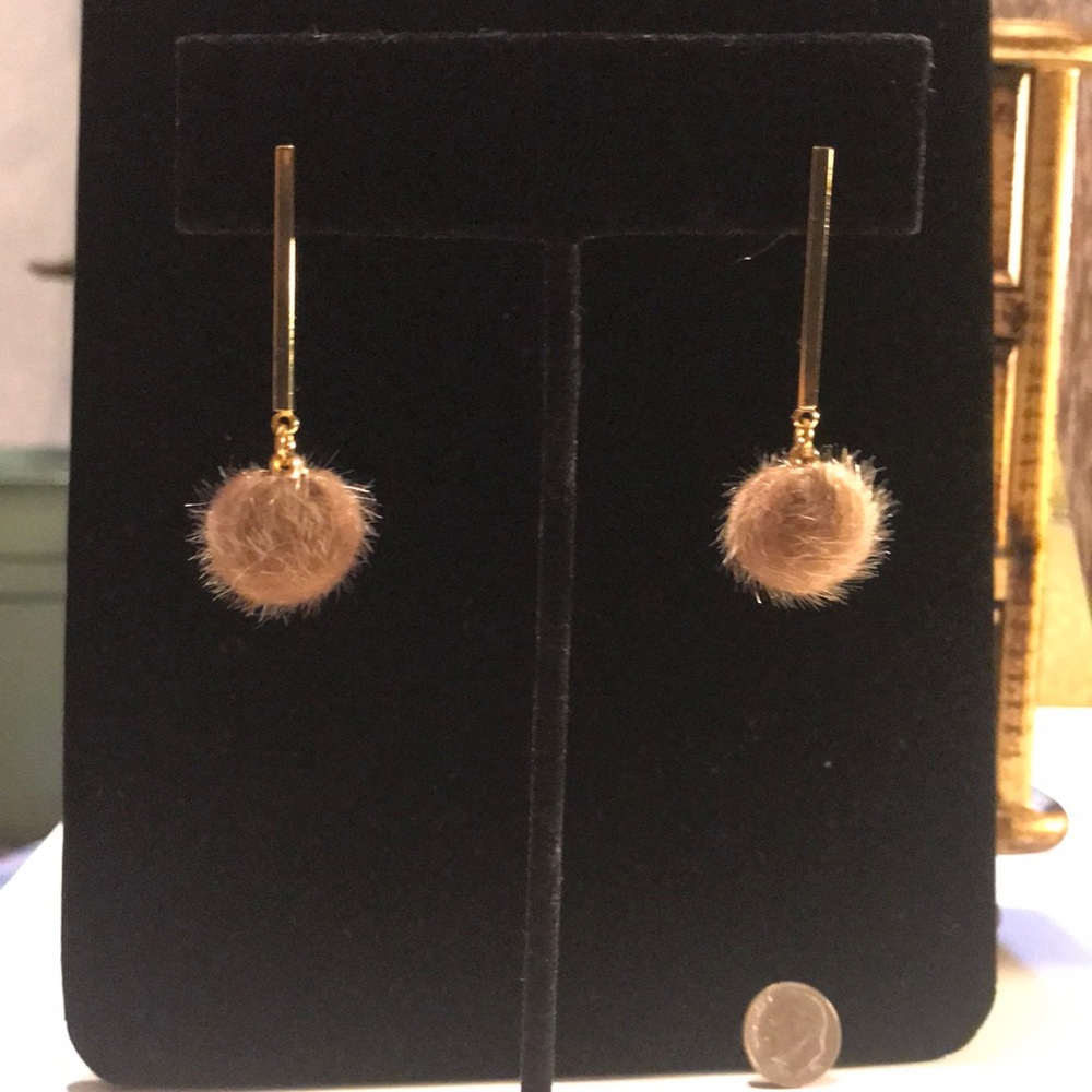 Gold Bar with Dangle Fur Puff Earrings